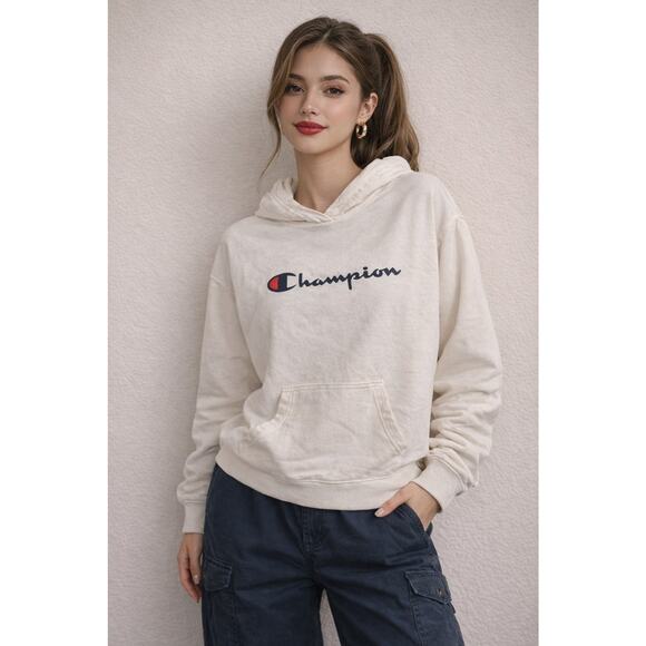 Champion Tops - Champion Spellout Hoodie Womens Sz M 100% Cotton Lightweight Logo Pullover White